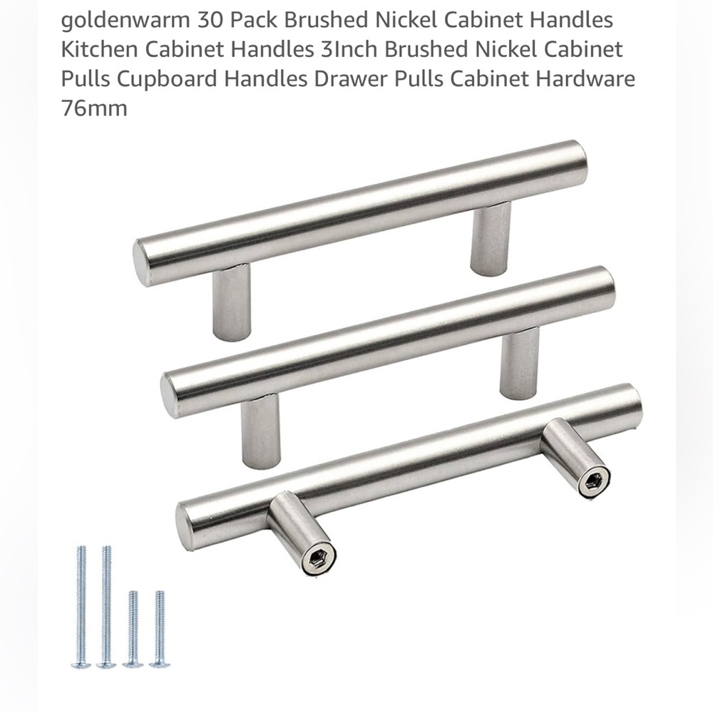 Brushed Nickel drawer handles, 30 pieces.